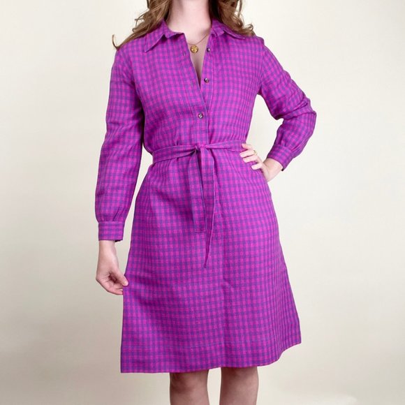 Vintage 100% Wool Plaid Check Midi Shirt Dress Long Sleeve Barbiecore Saturated - Picture 3 of 6